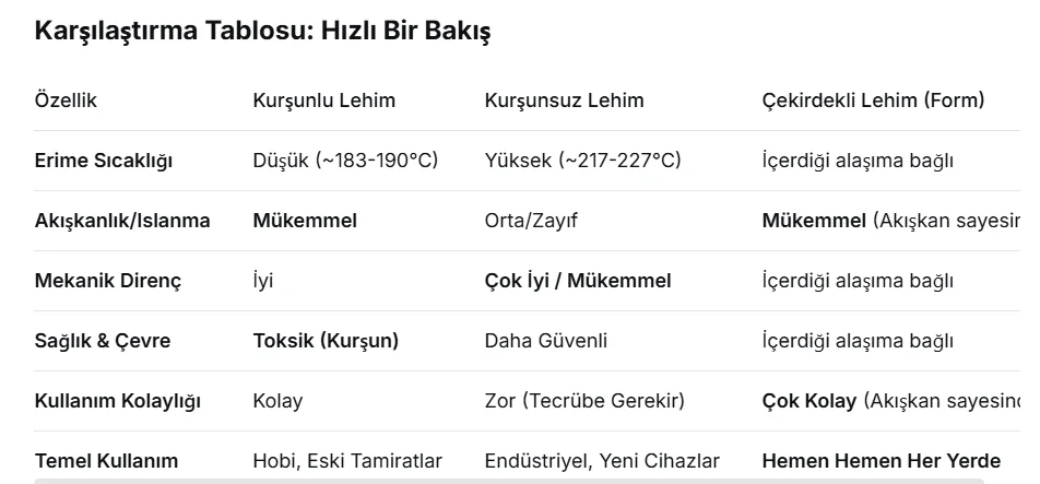 Lehim Malzemeleri: Kurşunlu, Kurşunsuz, Çekirdekli Lehim - Akışkanlık ve Direnç Karşılaştırması