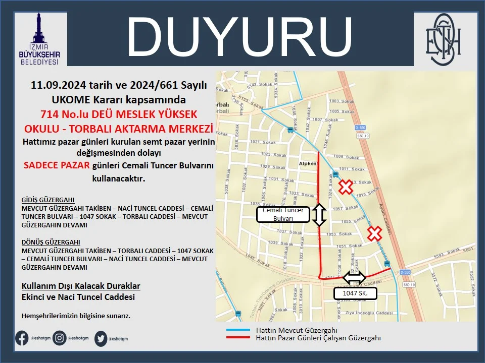 714 No.lu Hat Güzergah Değişikliği PAZAR GÜNLERİ