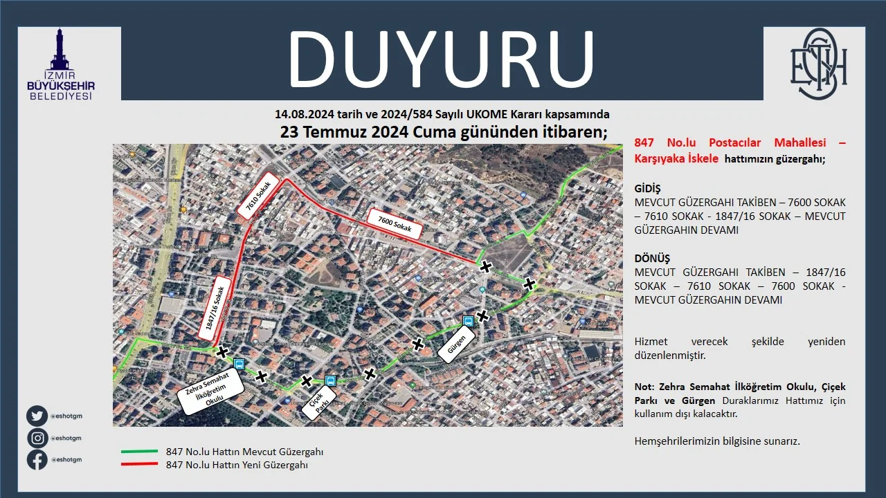 847 No.lu Hat Güzergah Değişikliği