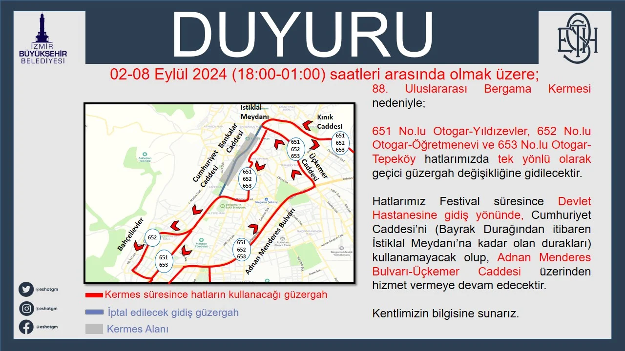 88. Uluslararası Bergama Kermesi Kapsamında Geçici Güzergah Değişikliği