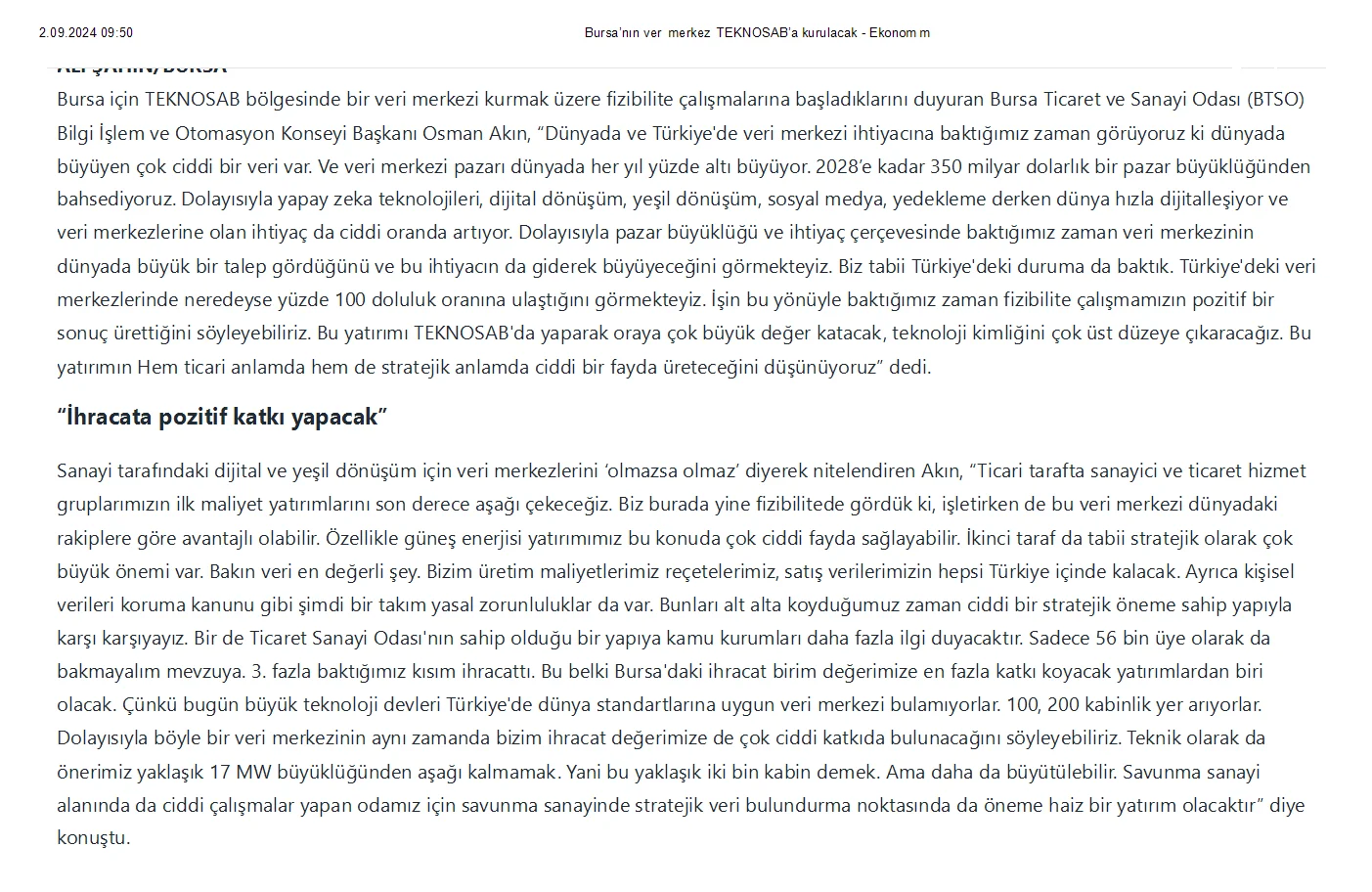 Bursa’nın veri merkezi TEKNOSAB’a kurulacak - Ekonomim conv 2