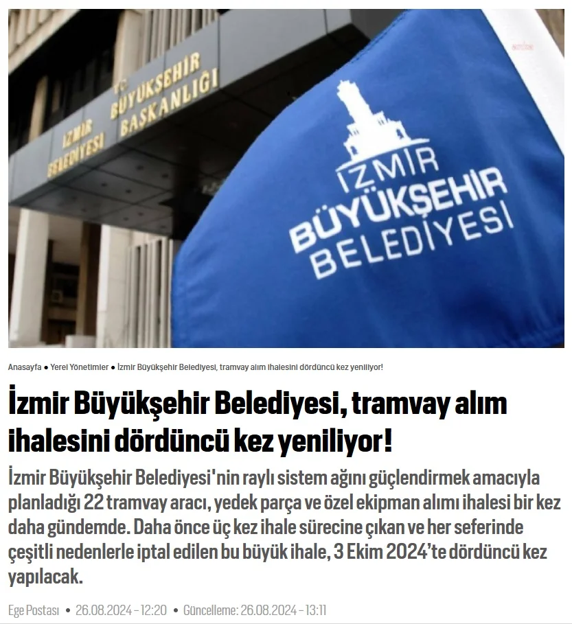 İzmir Büyükşehir Belediyesi, tramvay alım ihalesini dördüncü kez yeniliyor!